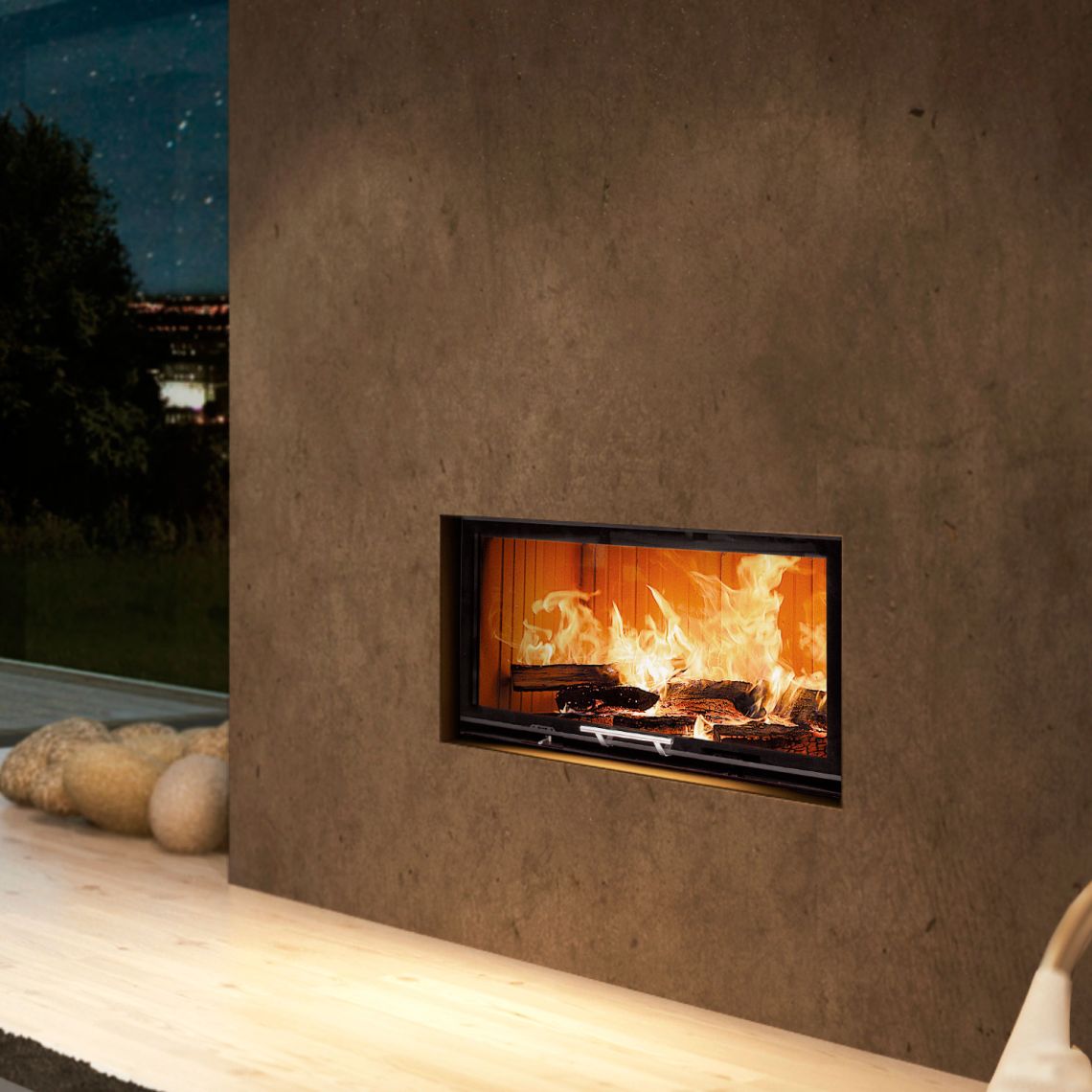 Flächenbündig eingebautes Cheminée mit hochschiebbarer Glasscheibe.