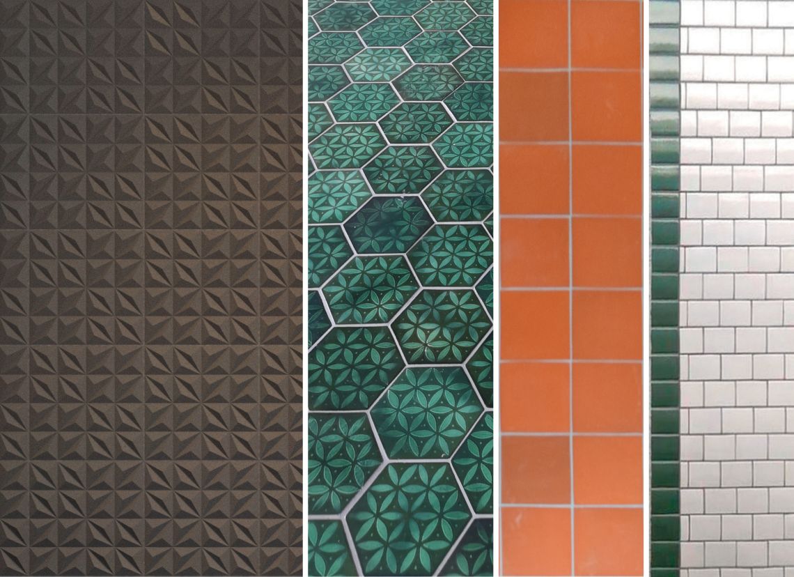 Vier verschiedene Wand- und Bodenbeläge aus Manufakturkeramik in verschiedenen Stilen.